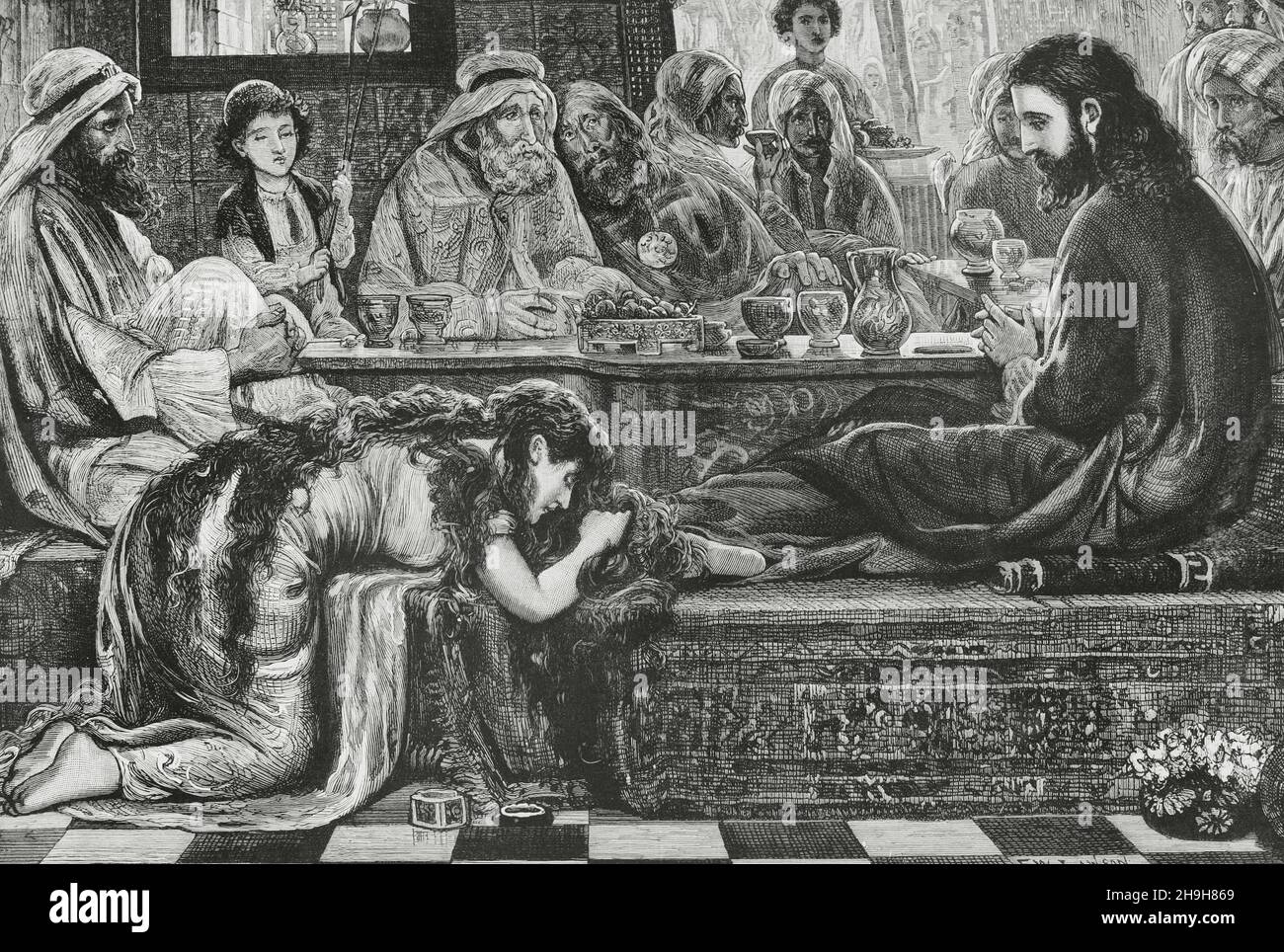 Neues Testament. Jesus im Haus des Pharisäers. Gravur nach einem Gemälde von W. Lawson. La Ilustración Española y Americana, 1882. Stockfoto