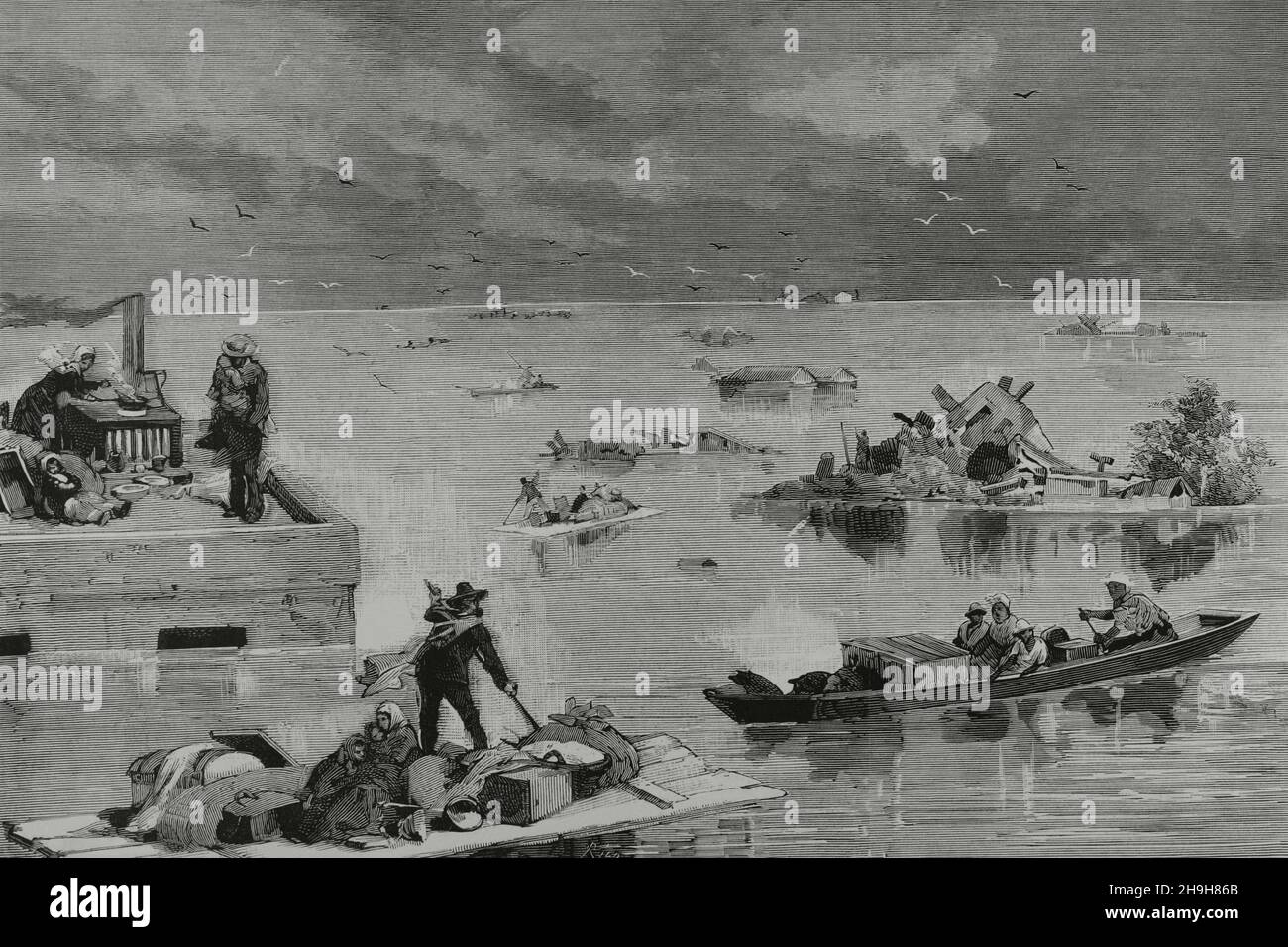 Vereinigte Staaten von Amerika. Mississippi River Überlauf. Memphis Plain Flutkatastrophe. Gravur. La Ilustración Española y Americana, 1882. Stockfoto