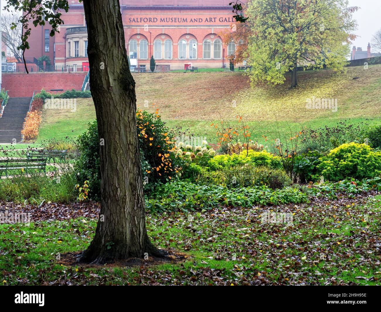 Salford Museum und Kunstgalerie aus dem Peel Park in der Stadt Salford, Greater Manchester, England Stockfoto