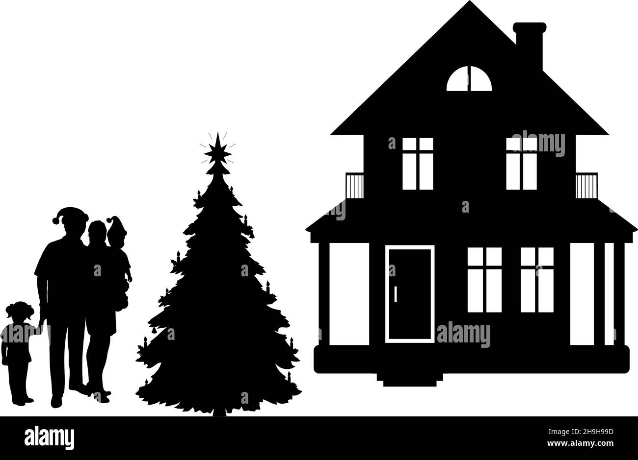 Familie von Silhouetten zu Hause mit weihnachtsbaum. Frohes neues Jahr. Stock Vektor