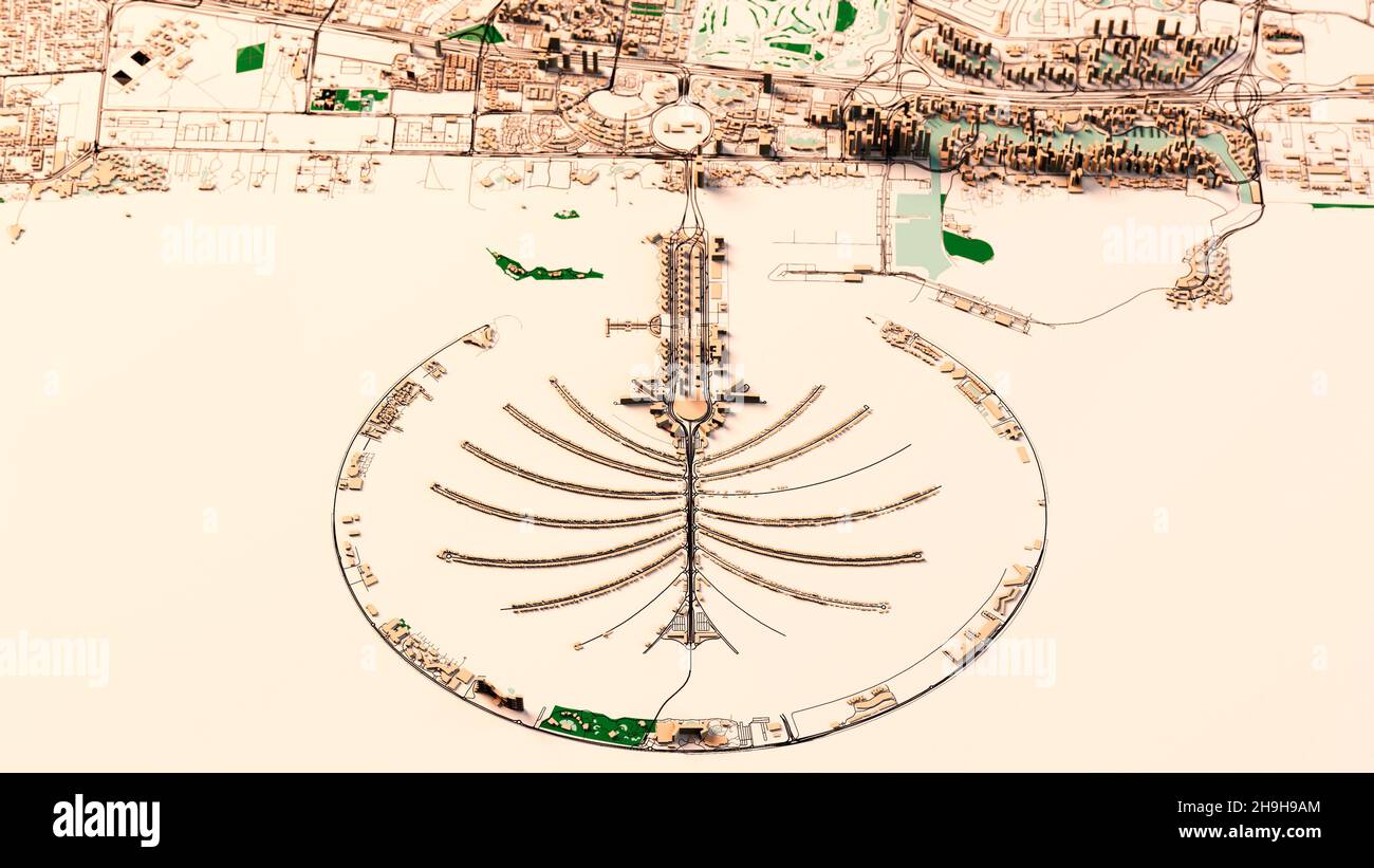 Satellitenbildkarte von Dubai, Vereinigte Arabische Emirate, Straßen der Stadt. Paläste, Gebäude. 3D Rendern. Palm Islands. Palm Jumeirah. Stadtplan und Stadtzentrum Stockfoto