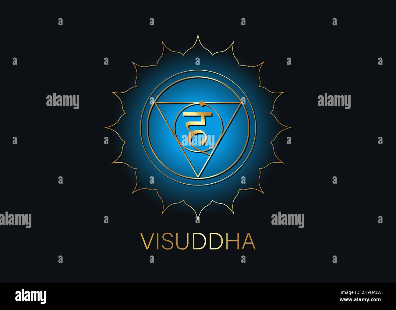 Fünftes Kehlkopfchakra visuddha mit dem Hindu-Sanskrit-Samenmantra VAM. Blaues und goldenes flaches Designsymbol für Meditation, Yoga. Round Logo-Vorlage Stock Vektor