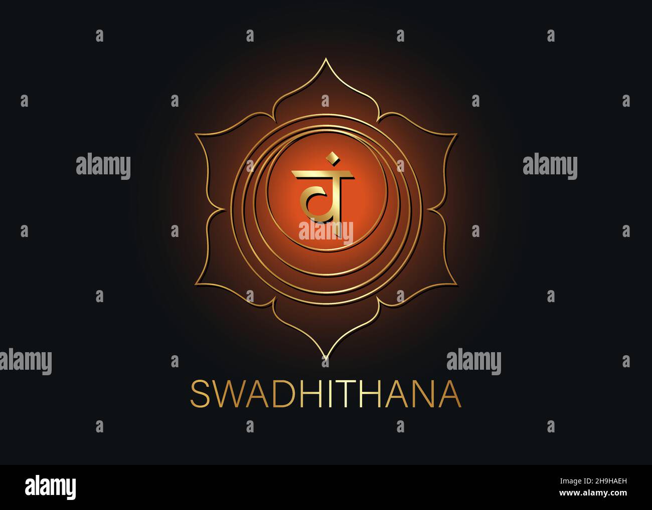 Zweites Swadhisthana-Chakra mit dem Hindu-Sanskrit-Samenmantra VAM. Orange und Gold flaches Design-Stil Symbol für Meditation, Yoga. Logo-Vorlage Vect Stock Vektor
