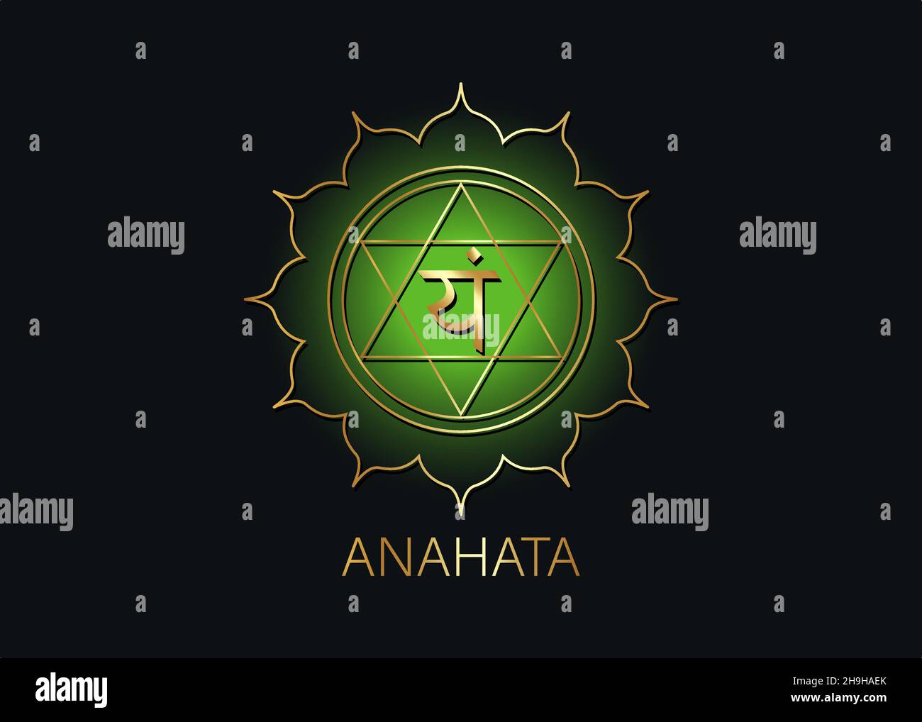 Anahata Viertes Chakra mit dem Hindu-Sanskrit-Samenmantra VAM. Grün ist ein flaches Design-Symbol für Meditation, Yoga. Gold Logo Vorlage Vektor Stock Vektor