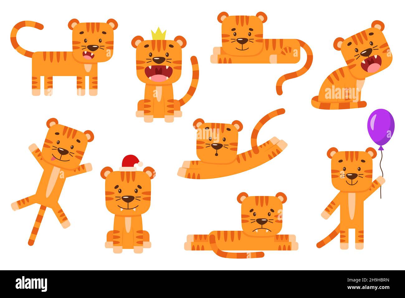 Set von kleinen Cartoon-Tigern in verschiedenen Posen und Szenen. Niedliches wildes Tier im flachen Stil. Symbol des chinesischen Neujahrs. Einfache Illustration Stock Vektor