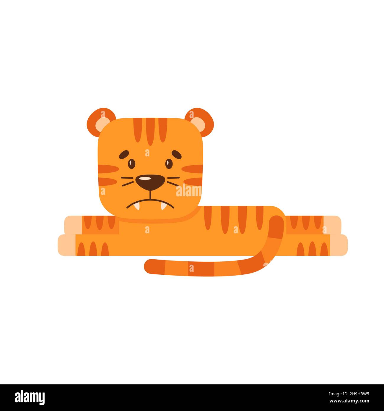 Der kleine Cartoon-Tiger lügt und ist traurig. Niedliches wildes Tier. Einfache flache Illustration für Babys, Kleinkinder und Kinder. Gestaltungselement für Werbung Stock Vektor