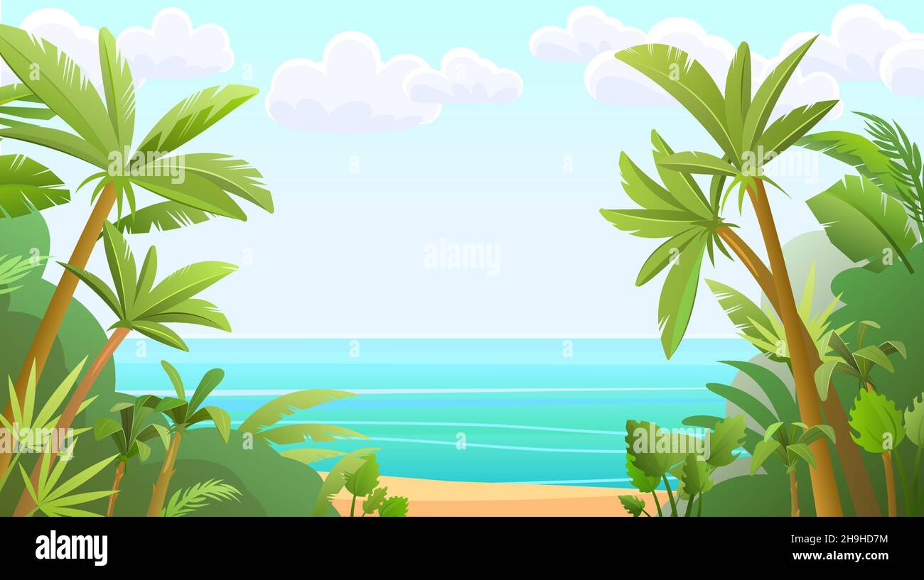 Wunderschöner tropischer Strand mit Palmen. Sand und Meereshorizont. Flacher Cartoon-Stil. Wunderschöne Sommerlandschaft. Vektor. Stock Vektor