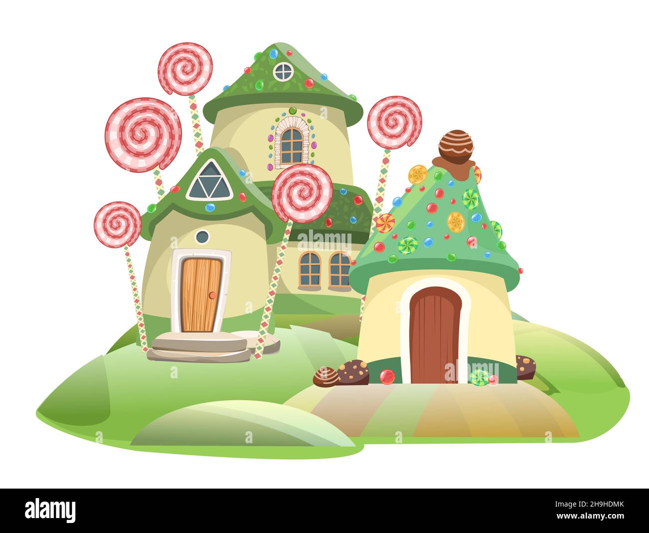 Gebäck. Stadt der Zwerge und Feen. Süßes Karamell-Feenhaus. Illustration im Cartoon-Stil flache Design. Sommer niedliche Landschaft. Bild für Kinder Stock Vektor