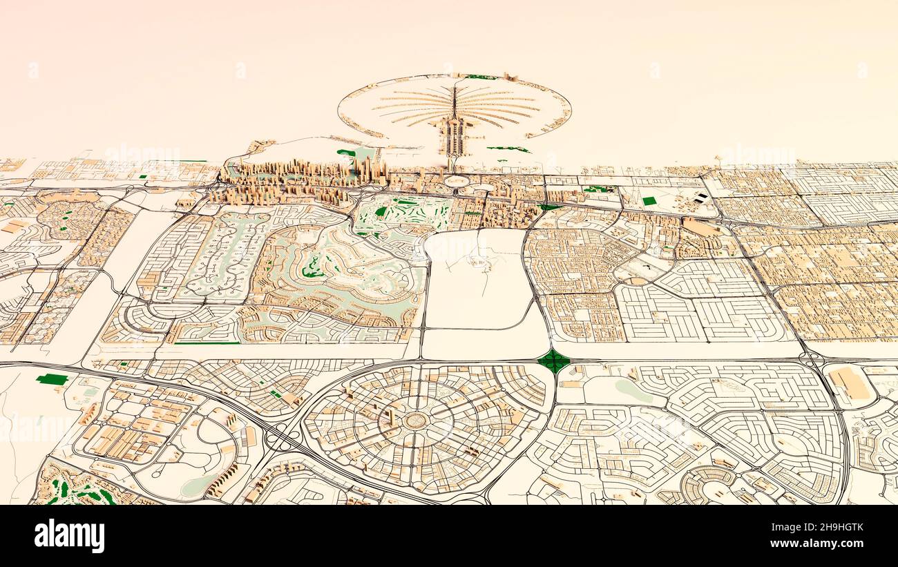 Satellitenbildkarte von Dubai, Vereinigte Arabische Emirate, Straßen der Stadt. Paläste, Gebäude. 3D Rendern. Palm Islands. Palm Jumeirah. Stadtplan und Stadtzentrum Stockfoto
