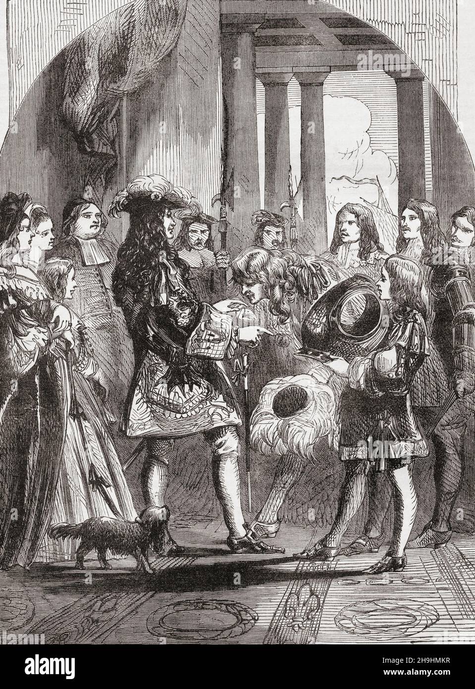 Nach seiner Absetzung in der Glorreichen Revolution von 1688 ging James II. Ins Exil nach Frankreich, wo er von seinem Cousin Louis XIV. Begrüßt wurde Louis befand sich im Krieg mit Wilhelm von Orange, Jakobs Nachfolger auf dem Thron von England und Schottland, und ermutigte James, nach Irland zu reisen, das ihn immer noch als seinen König erkannte. James II und VII, 163O -1701. König von England und König von Irland als James II, und König von Schottland als James VII. Louis XIV, 1638 – 1715, alias Louis der große (Louis le Grand) oder der Sonnenkönig (le ROI Soleil). König von Frankreich. Aus Cassells Illustrated History of England, Pub Stockfoto
