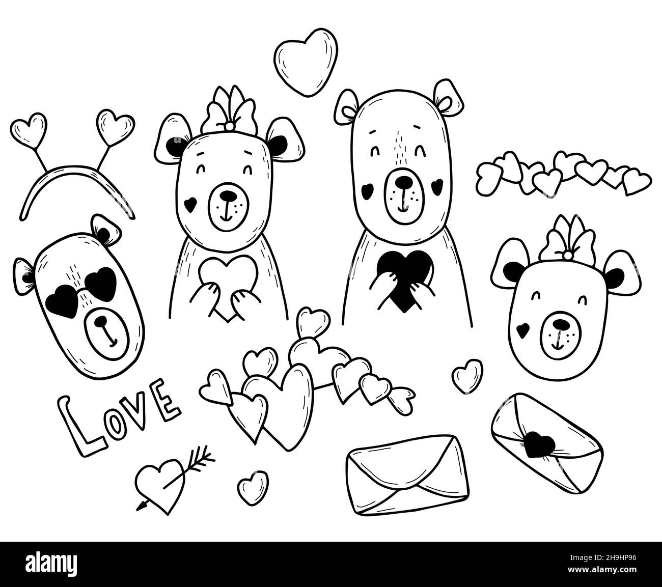 Set von niedlichen Bären in der Liebe. Mädchen und Junge Bär, Herz und Brief. Vektorgrafik. Isolierte Elemente im Stil von Hand gezeichneten linearen Kritzeln für Design Stock Vektor