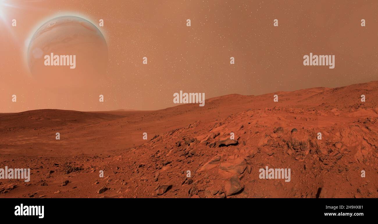 Landschaft auf dem Planeten Mars, szenische Wüstenszene auf dem roten Planeten.3D Illustration.Roter Planet. Mars Oberfläche Staub Atmosphäre.Erde-wie Planet.Erde-Typ Stockfoto