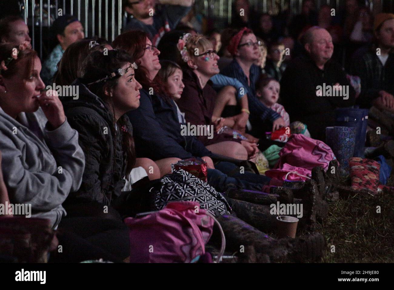Das Publikum, das am Sonntag des Glastonbury Festivals 2016 auf der Worthy Farm in Somerset eine Vorführung von Finding Dory im Kino Pilton Palais ansieht Stockfoto