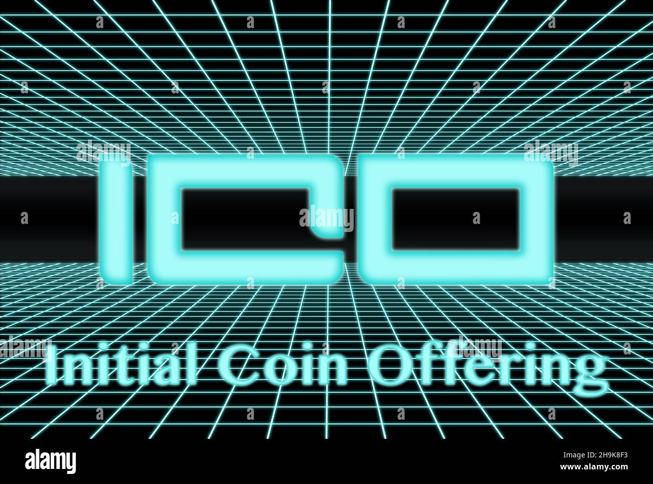 3D Gitter aus dem Jahr 80s mit dem Akronym „ICO“ (Initial Coin Offering) in der Mitte. Stockfoto