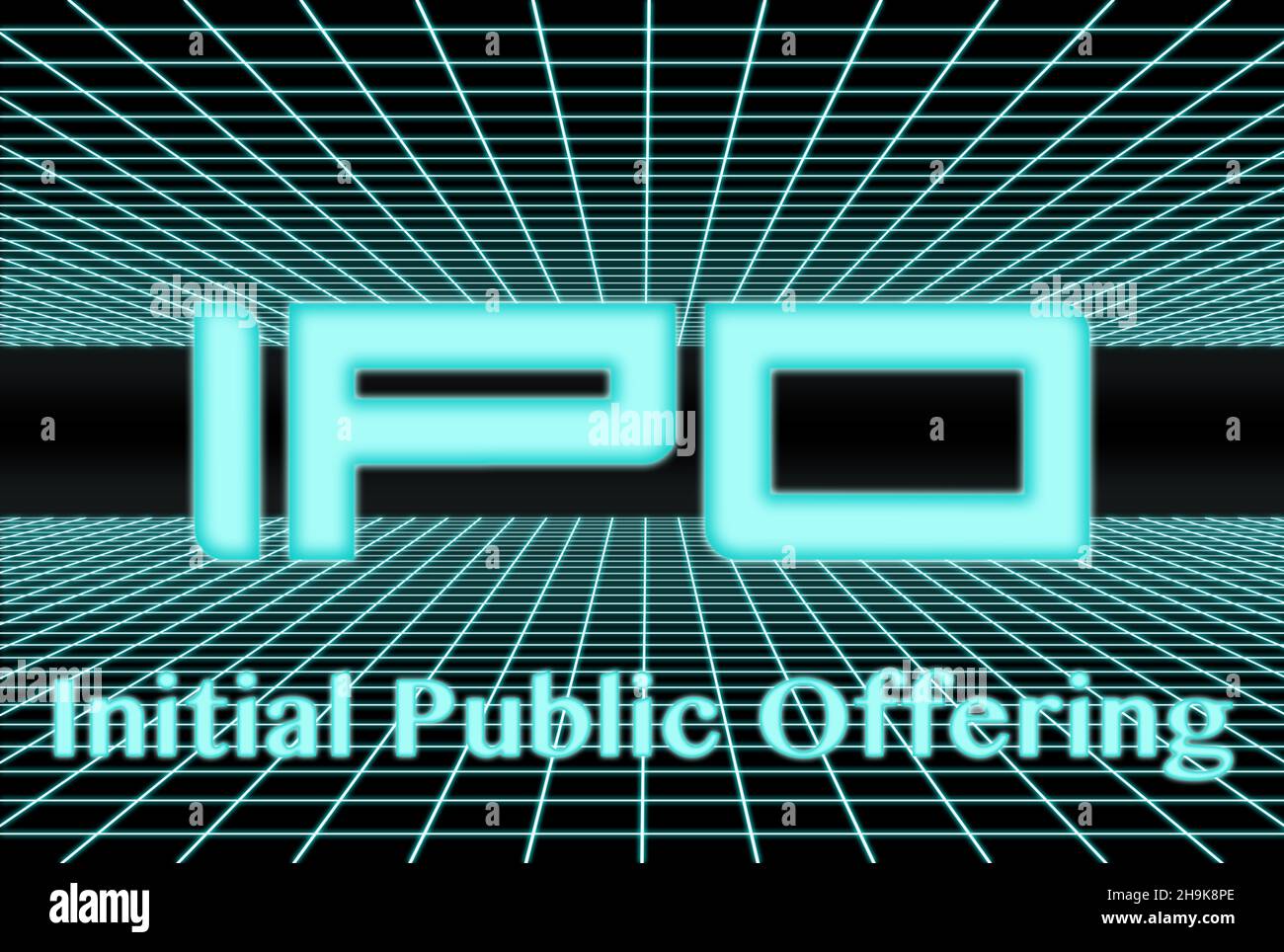 3D aus dem Jahr 80s mit dem Akronym „IPO“ (Initial Public Offering) in der Mitte. Stockfoto