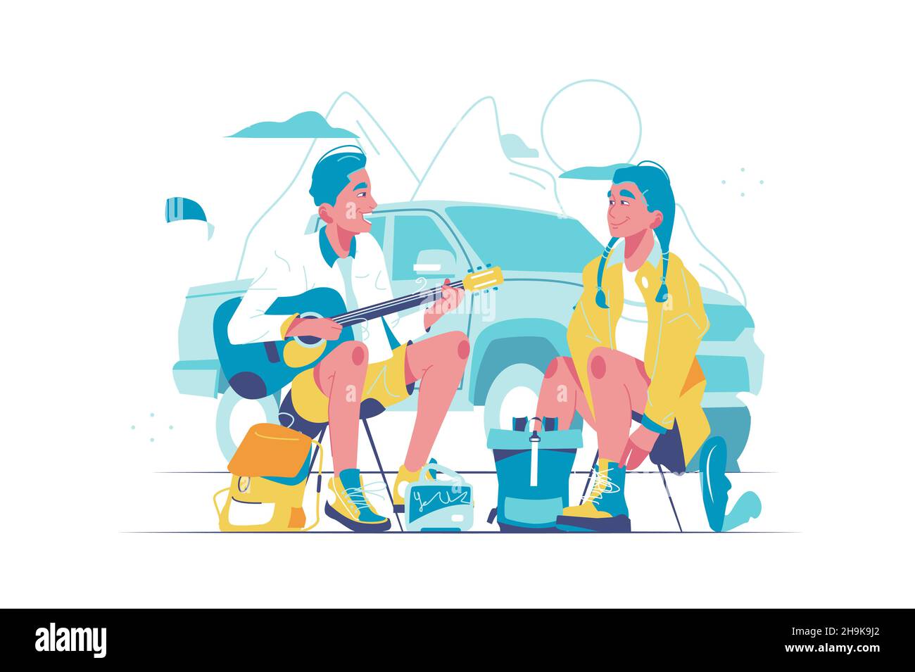 Mann und Frau campen im Wald auf der Natur Stock Vektor