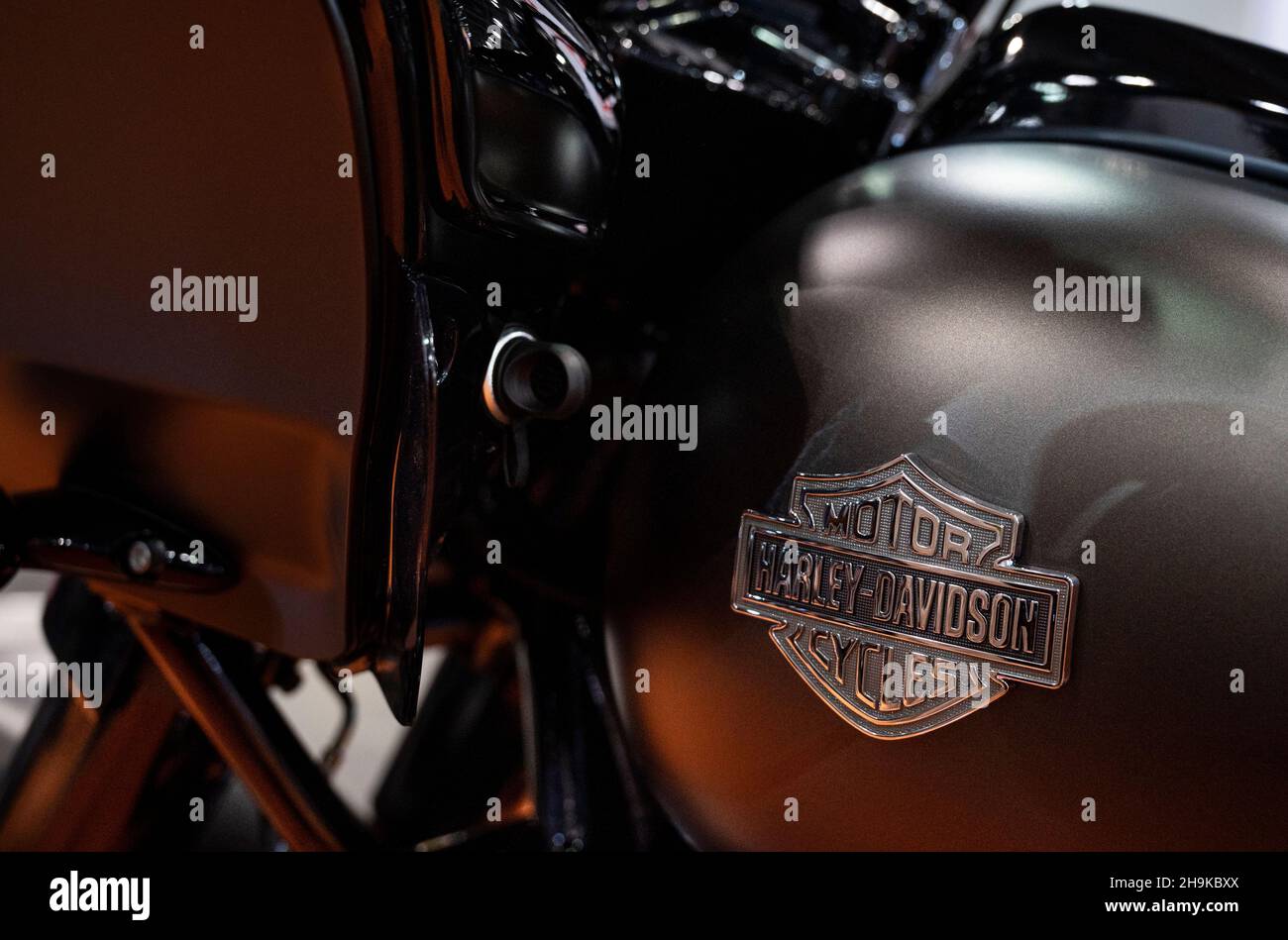 Hongkong, China. 05th Dez 2021. Der amerikanische Motorradhersteller Harley-Davidson Motorrad und das Logo wurden auf dem Firmenstand während der International Motor Expo (IMXHK) mit thermischen und elektrischen Autos und Motorrädern in Hongkong gezeigt. Kredit: SOPA Images Limited/Alamy Live Nachrichten Stockfoto
