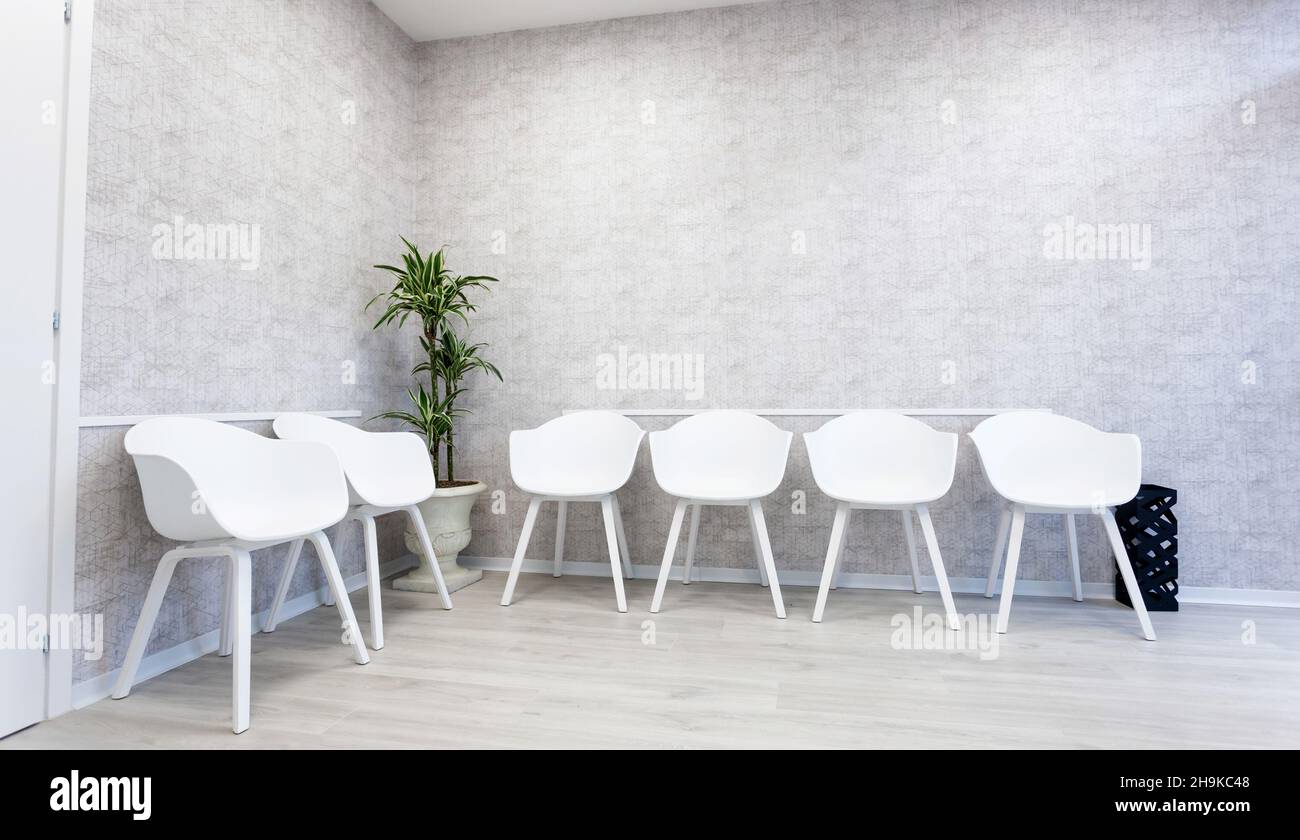 Wartezimmer-Interieur mit sechs weißen Stühlen auf dem Parkettboden. Weißes und modernes Zimmer im Büro oder in der Arztpraxis. Stockfoto