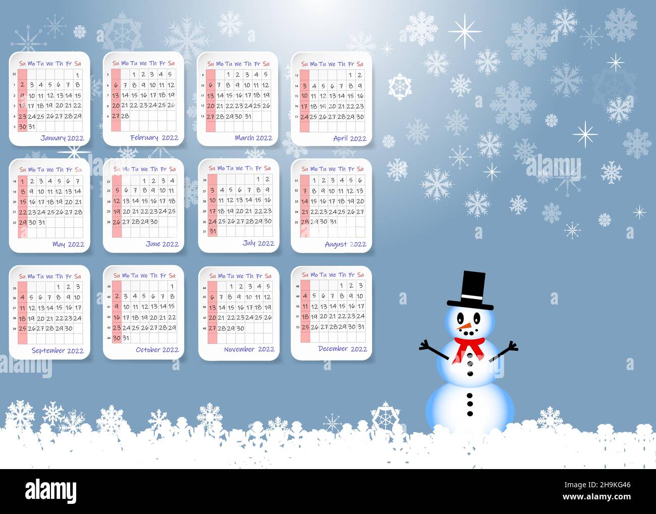 2022 Tischkalender mit Winterlandschaft. Die Woche beginnt am Sonntag. Stock Vektor