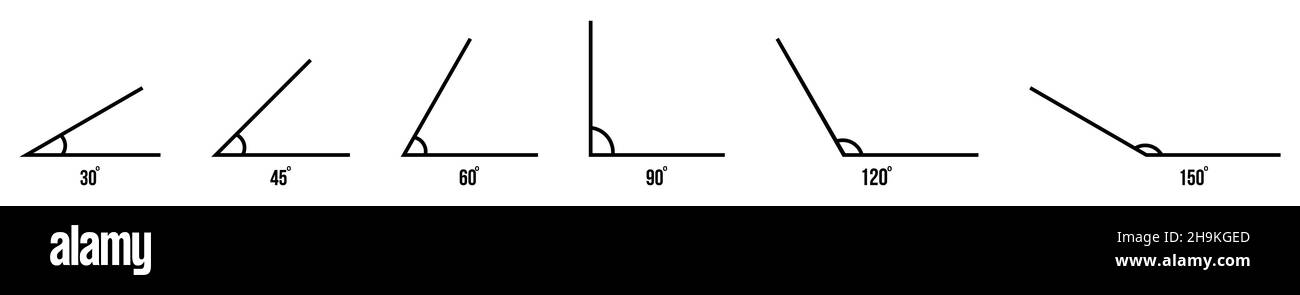 Symbole für die Winkellinie gesetzt. Symbol für 30, 45, 60, 90, 120 und 150 Grad. Vektorgrafik Stock Vektor