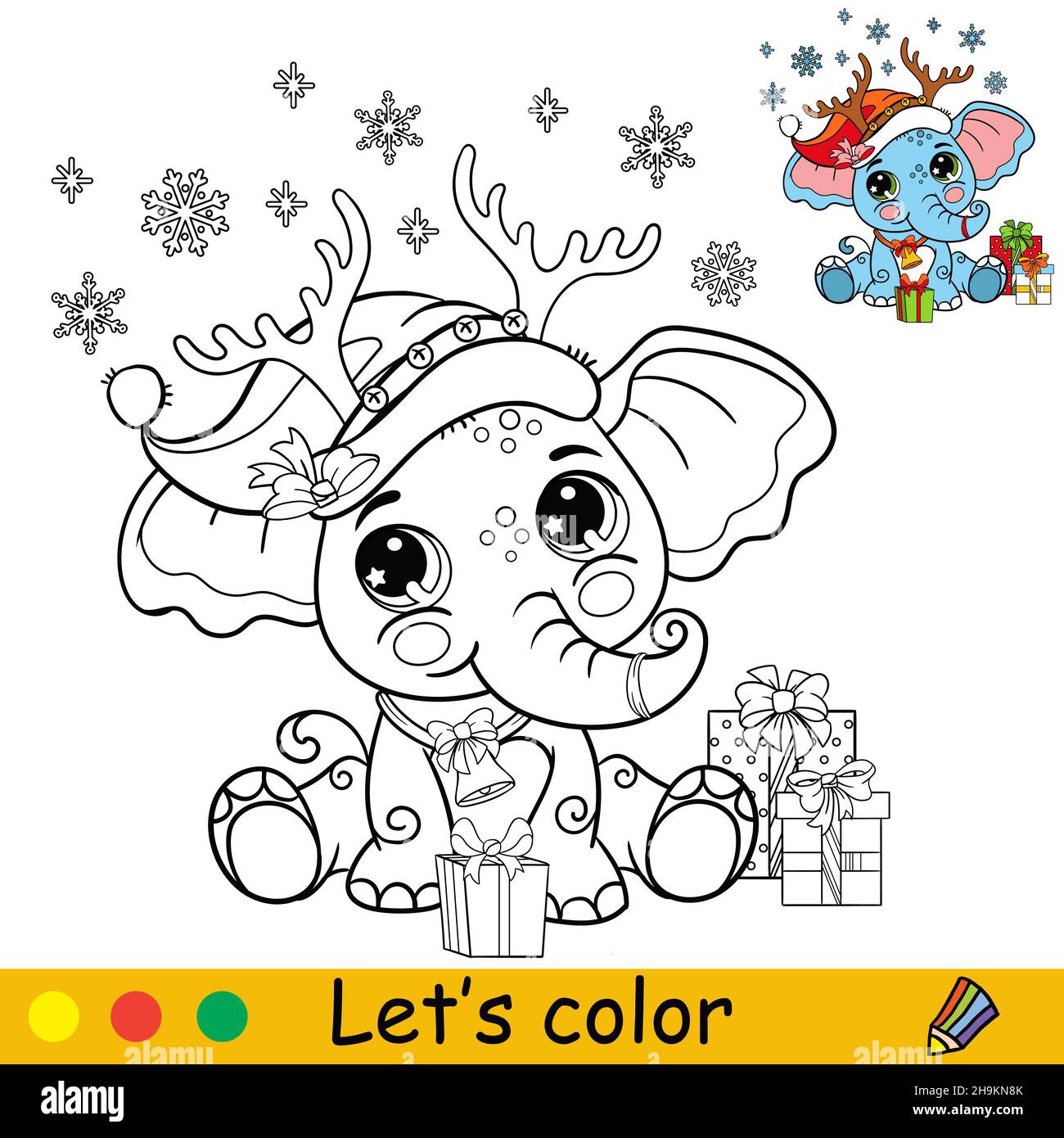 Niedlicher Elefant in einem Weihnachtshut mit Geschenken. Cartoon Elefant Charakter. Vektor-isolierte Illustration. Malbuch mit farbigem Beispiel. Für Karte Stock Vektor