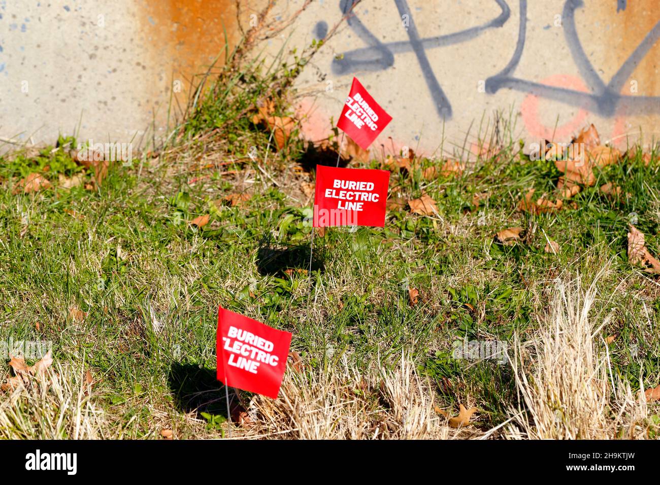 Buried Electric Line markiert Flaggen im Gras, die den Standort einer vergrabenen unterirdischen Stromleitung markieren Stockfoto