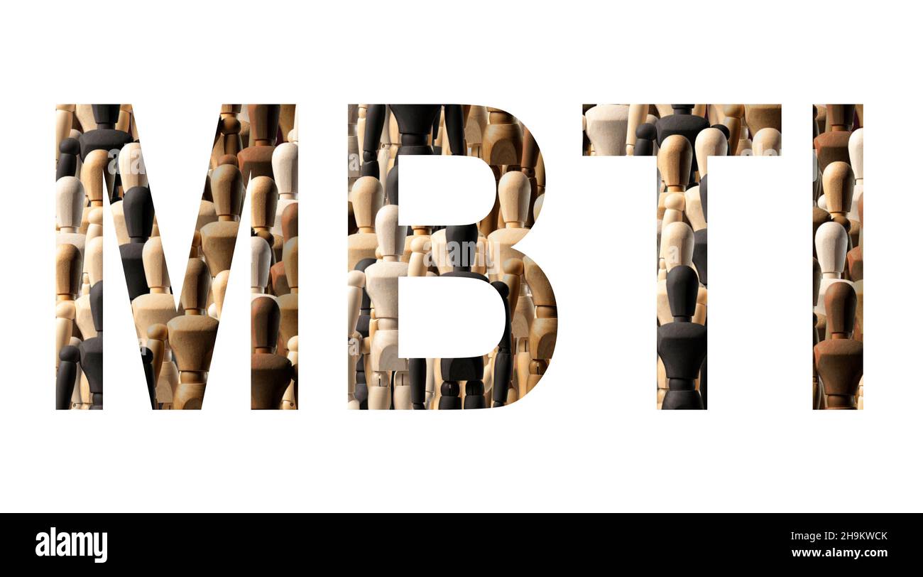 MBTI-Test, Wort isoliert auf weißem Hintergrund mit verschiedenen Menschen Persönlichkeiten in Schrift. Stockfoto