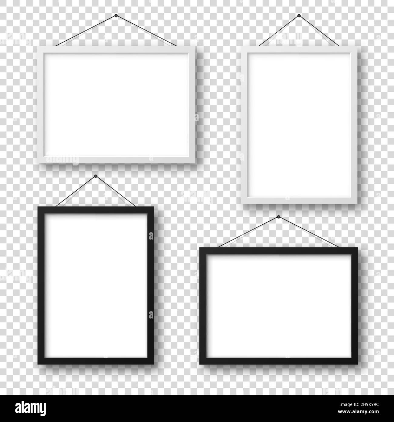 Realistische Schwarz-Weiß-Bilderrahmen mit Schatten auf kariertem Hintergrund. Hängen an einer Wand blank Poster mockup. Leerer Fotorahmen. Vektor Stock Vektor