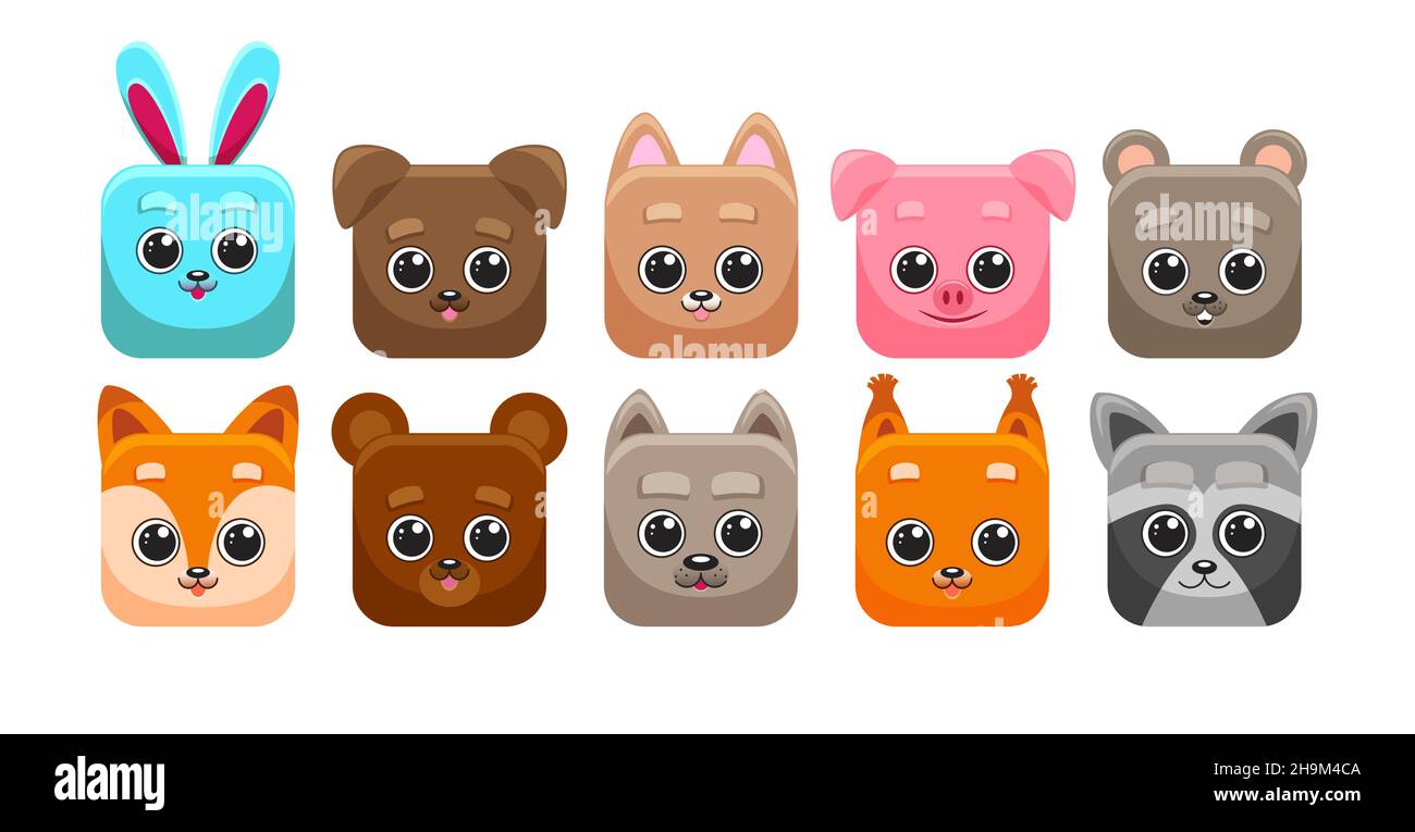 Set von niedlichen Cartoon quadratische Tiere ui. Vektor Zoo Aufkleber in flachem Stil isoliert auf weißem Hintergrund. Stock Vektor