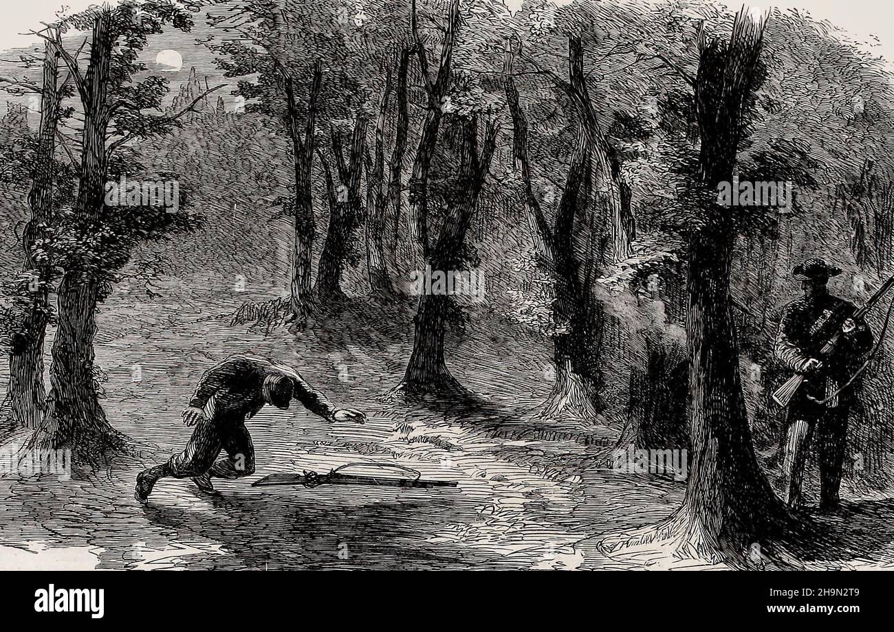 The Civil war in America - How the Outlying Sentries of the Federal Army are Killed by Seczessionist Scouts, Juli 1861 Stockfoto