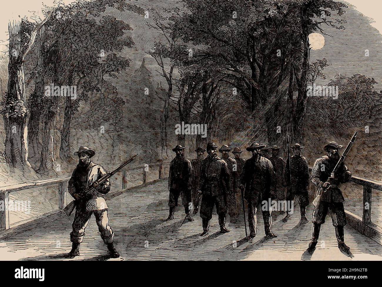 Der Bürgerkrieg in Amerika - Unionistische Pfadfinderpartei in den Virginia Woods in der Nachbarschaft von Alexandria, Juli 1861 Stockfoto