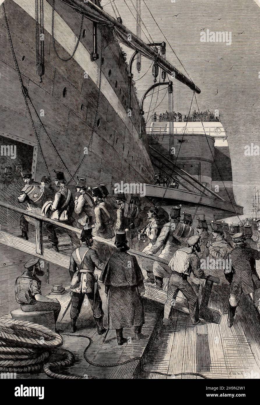 Abfahrt des Great Eastern von der Mersey mit dem kanadischen Kontigent - die einschiffenden Soldaten - Juli 1861 Stockfoto