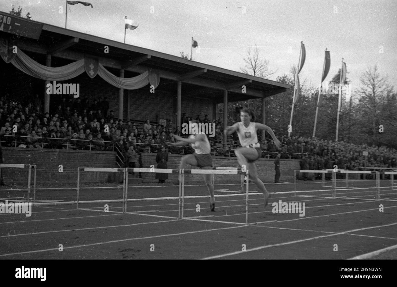 Wroc³aw, 1948-10-20. OD 10 do 26 paŸdziernika przebywa³a w Polsce ekipa radzieckich sportowców, którzy wziêli udzia³ w polsko-radzieckich zawodach na stadionie olimpijskim przy ul. Na Niskich £¹kach. NZ. m.in. polska zawodniczka Bo¿ena Pestka (P), w biegu na 80 m przez p³otki. pw PAP Breslau, 20. Oktober 1948. Sowjetische Athleten besuchten Polen vom 10. Bis 26. Oktober, um an einem polnisch-sowjetischen Wettbewerb im olympiastadion in der Na Niskich Lakach Street teilzunehmen. Im Bild: Polnische Konkurrentin Bozena Pestka (rechts), bei einem 80-m-Hürdenlauf. pw PAP Stockfoto