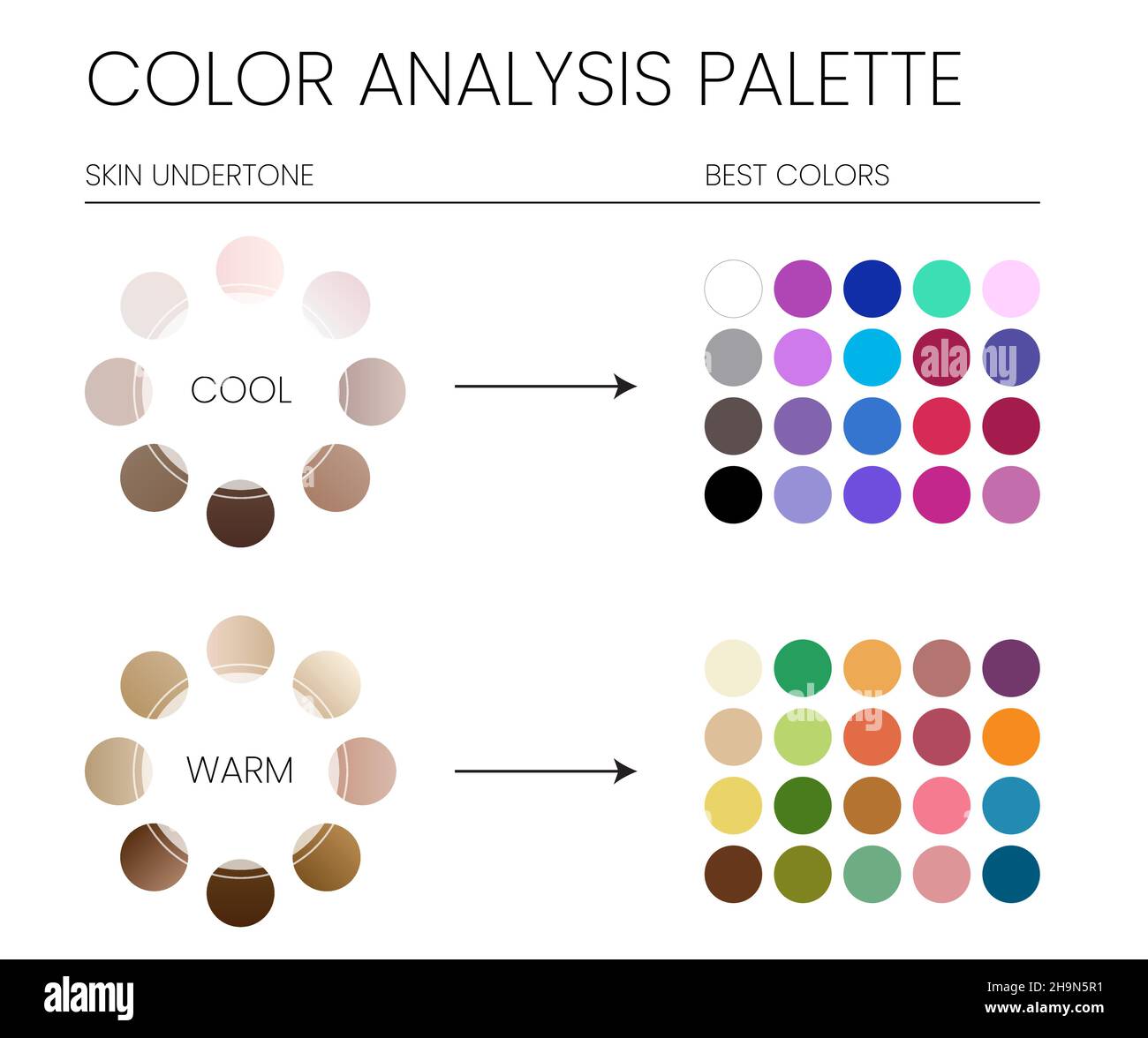 Farbanalyse-Palette von Cool und warm Haut Untertöne und die besten Farben zu tragen Tabelle Stock Vektor
