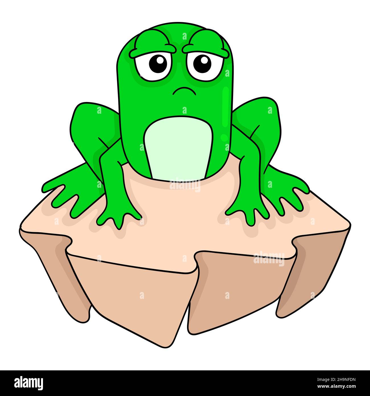 Unschuldige Gesicht grünen Frosch ist Tagträumen, Vektor-Illustration Kunst. Doodle Symbol Bild kawaii. Stock Vektor