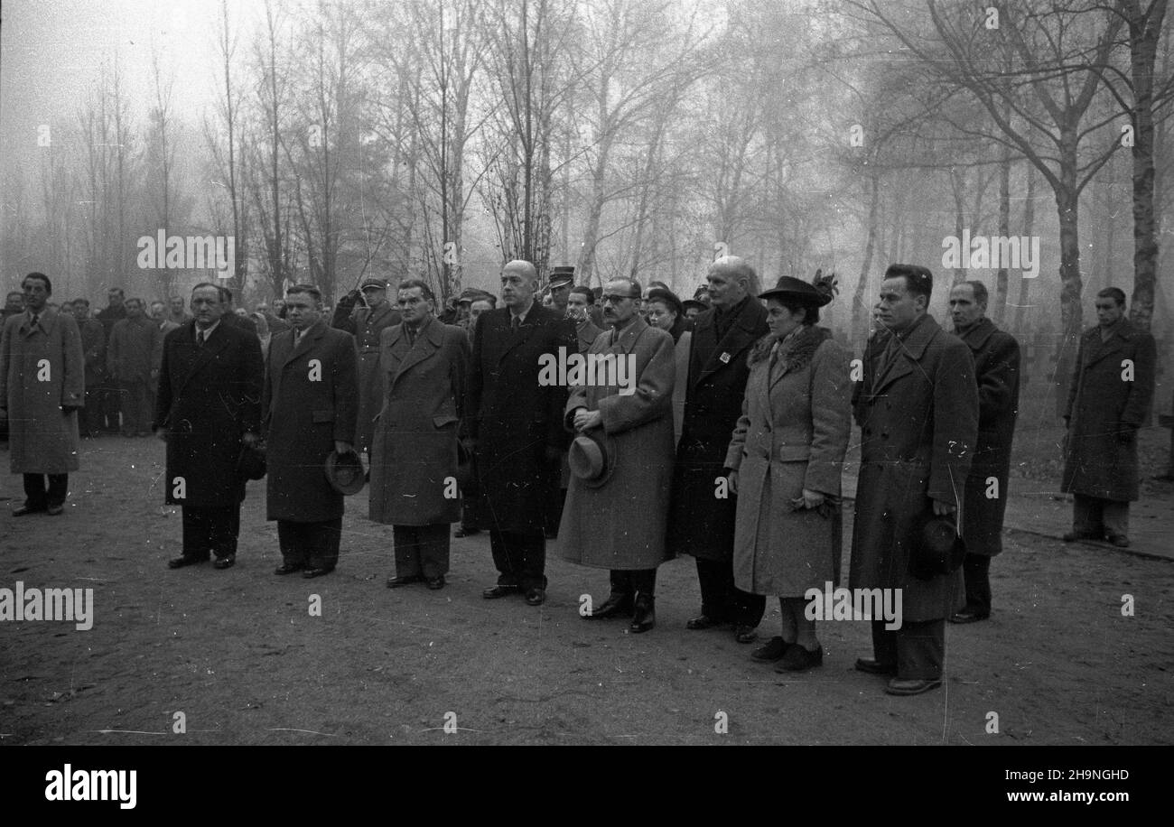 Warszawa, 1948-11-16. Pow¹zki. Cmentarz Wojskowy. Uroczystoœæ ods³oniêcia nagrobka wiceministra rolnictka Micha³a Szyszko-D¹bka w drug¹ rocznicê œmierci. NZ. m.in. minister leœnictwa Boles³aw Podedworny (2L), Minister pracy i opieki spo³ecznej Kazimierz Rusinek (3L), Premierminister Józef Cyrankiewicz (4L), komendant g³ówny Milicji Obywatelskiej gen. Franciszek JóŸwiak ps. Witold (5L), wicemarsza³ek Sejmu Stanis³aw Szwalbe (6L). bk PAP Warschau, 16. November 1948. Der Powazki Military Cemetery. Die Zeremonie zur Enthüllung eines Grabsteins auf dem Grab des stellvertretenden Landwirtschaftsministers Michal Szyszko-Dabek am Stockfoto