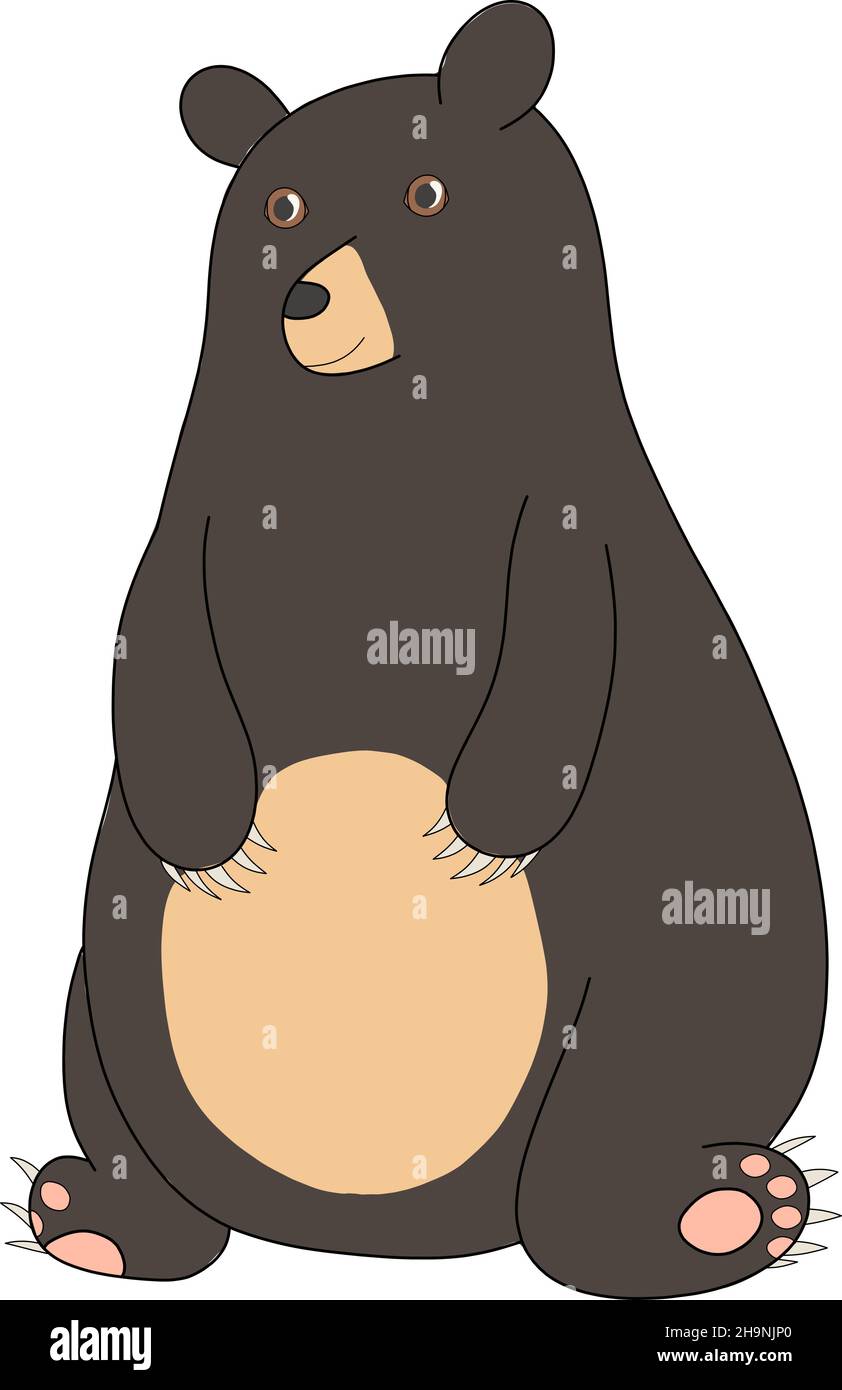 Handgezeichnete Farbvektordarstellung eines schwarzen Zeichentrickbären mit einem runden Bauch, der sitzt und lächelt Stock Vektor
