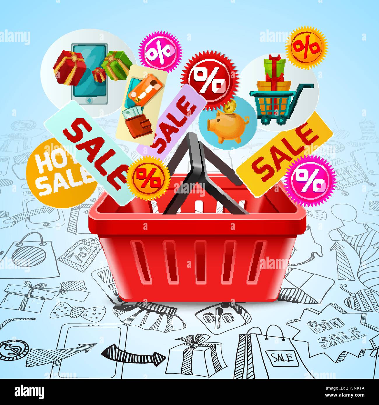 Verkaufszeitkonzept mit Einkaufskorb und Internetshop-Doodle Symbole Vektordarstellung Stock Vektor