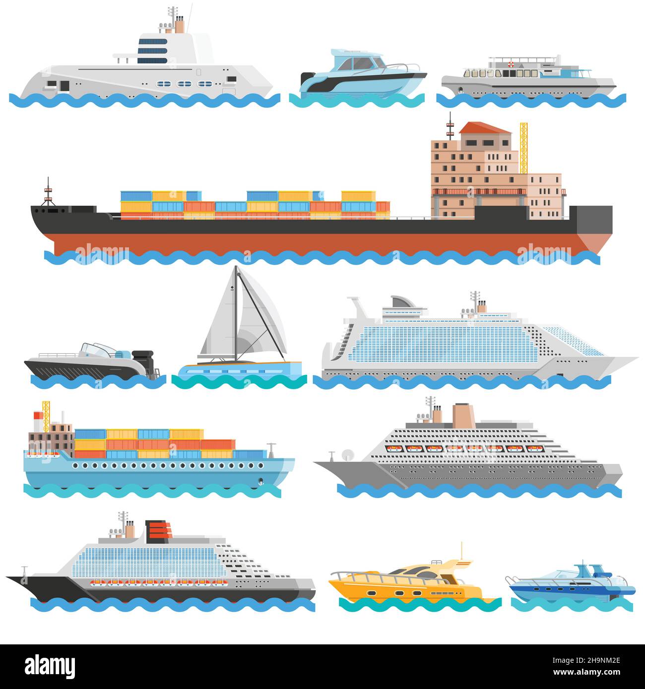 Wassertransport flache dekorative Symbole Set von trockenen Frachtschiffen Kreuzfahrtschiffe Yachten Segelboote isoliert Vektor Illustration Stock Vektor