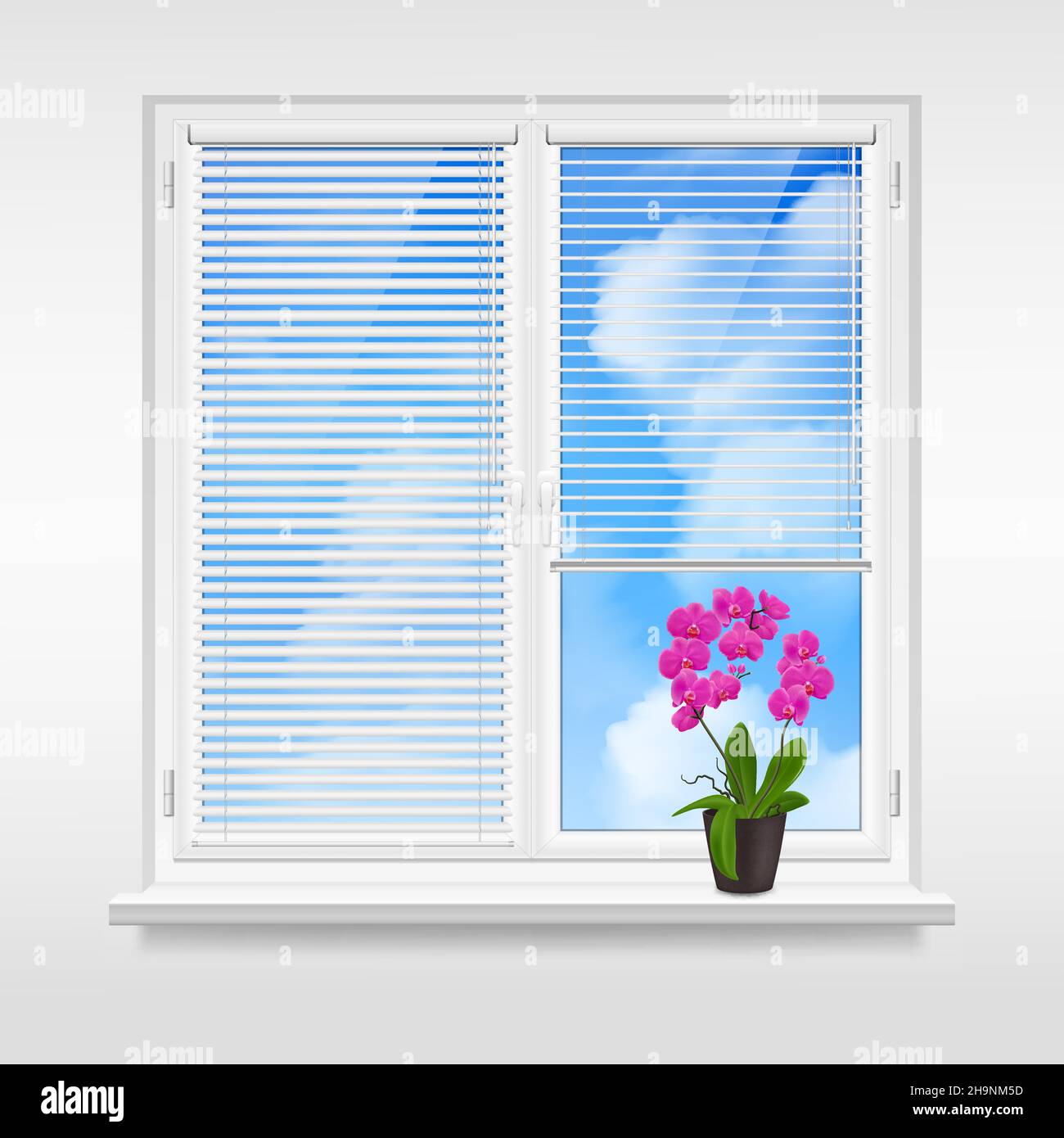 Home Fenster Design-Konzept mit horizontalen Jalousien und lila Blume Im Topf auf Fensterbank am blauen Himmel Hintergrund Vektor-Illustration Stock Vektor