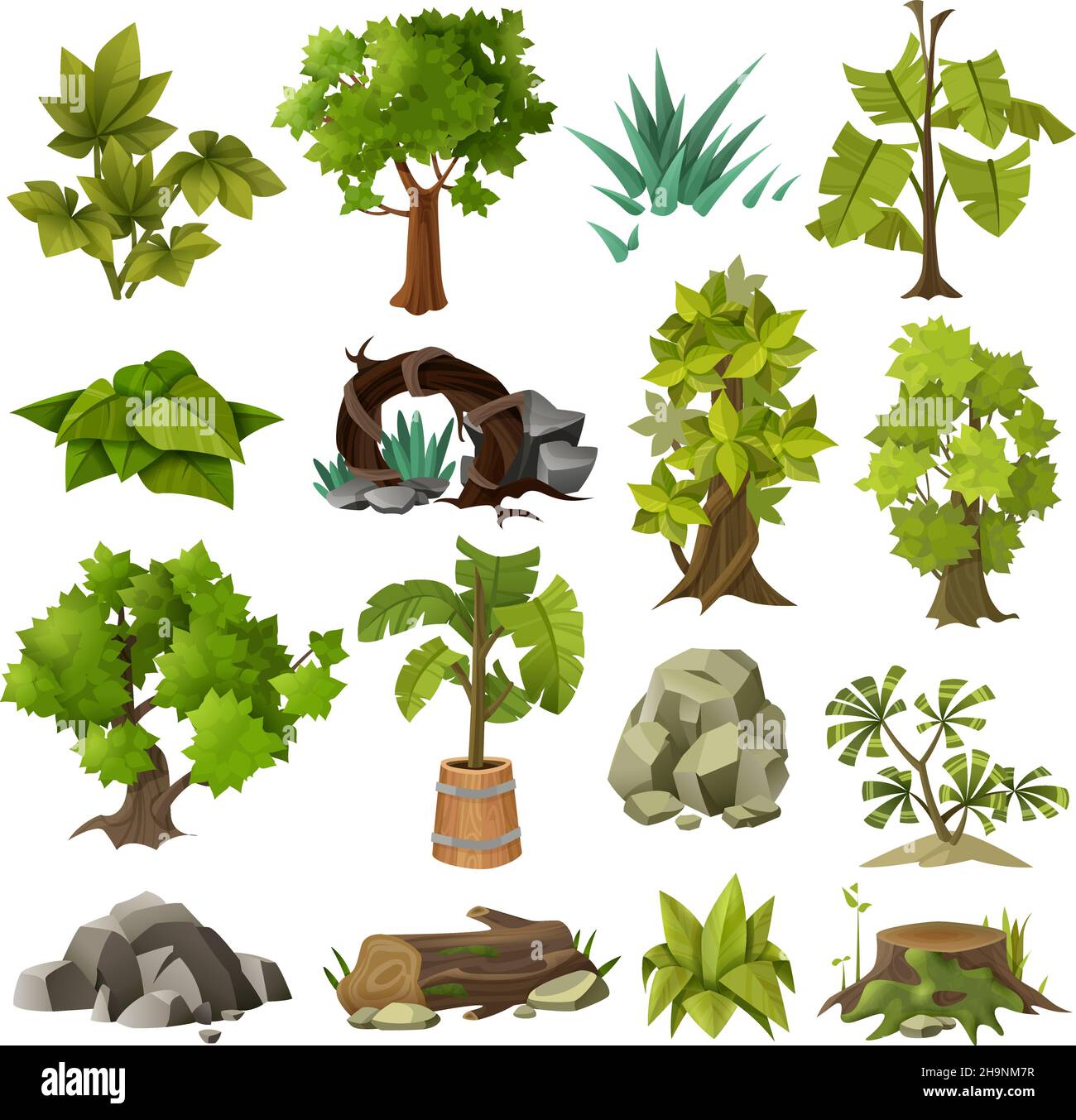 Grüne tropische exotische Pflanzen Waldbäume und moderne Landschaftsgärtnerei Design Elements Icons Sammlung isolierte Vektor-Illustration Stock Vektor