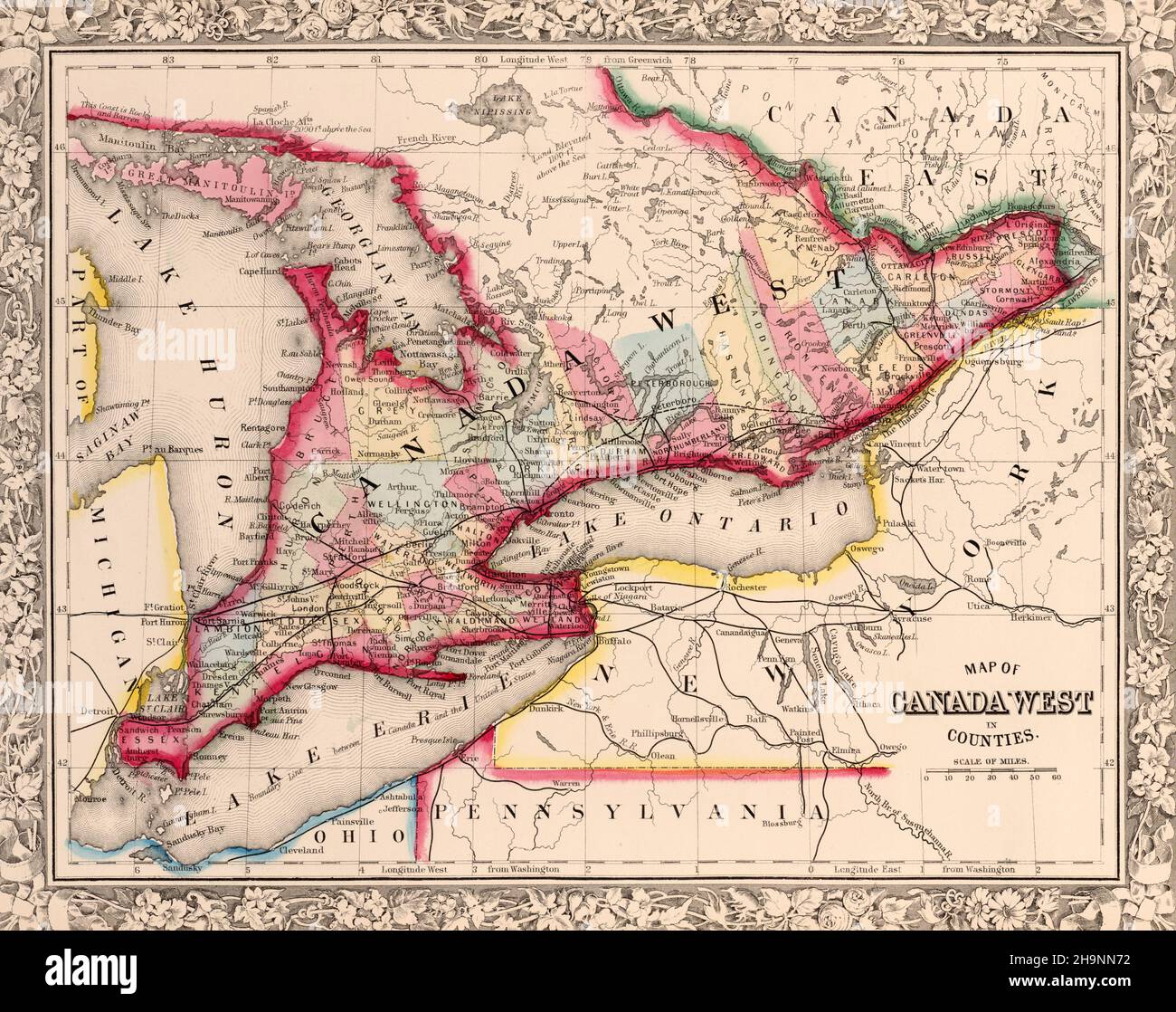 Karte des 19. Jahrhunderts von Kanada West Ca. 1863 Stockfoto