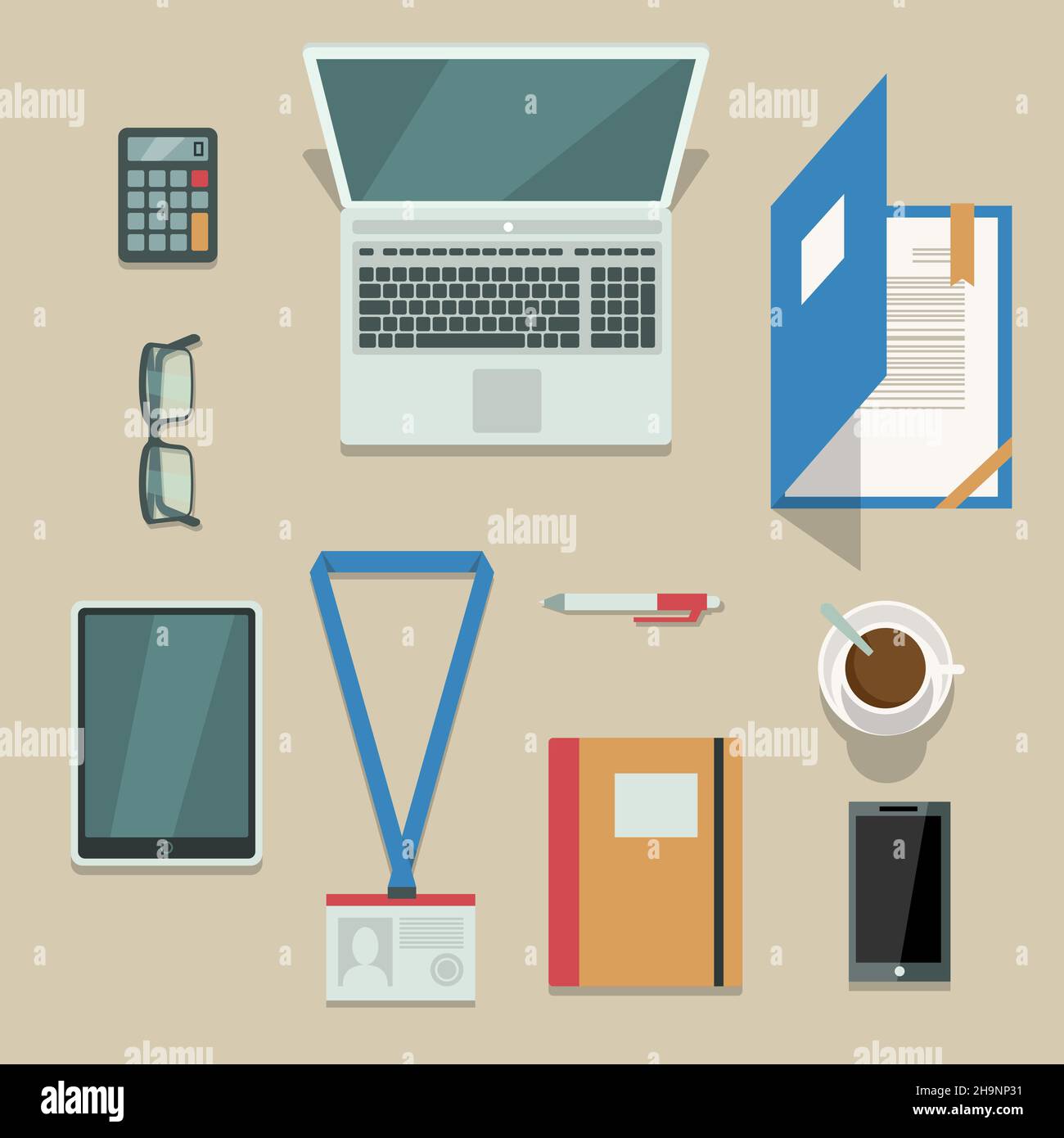 Draufsicht auf Büroarbeitsplatz mit mobilen Geräten und Unterlagen isoliert Vektor-illustration Stock Vektor
