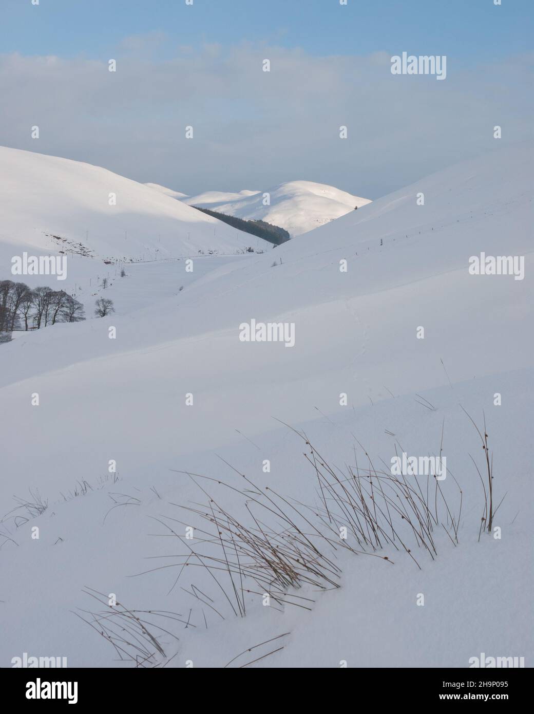 Eine winterliche Ansicht der Pentland Hills mit Black Hill auf der linken Seite, Scald Law auf der rechten Seite und Castlelaw und Caerketton im Hintergrund. Stockfoto