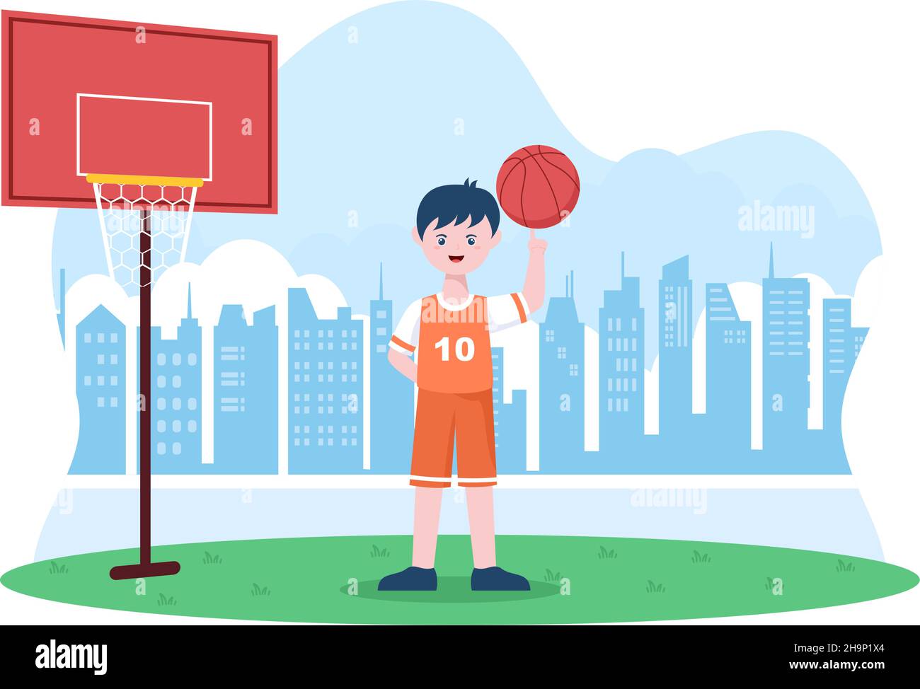 Glücklicher junger Mann spielt Basketball flache Design Illustration trägt Korb Uniform im Outdoor Court für Hintergrund, Poster oder Banner Stock Vektor