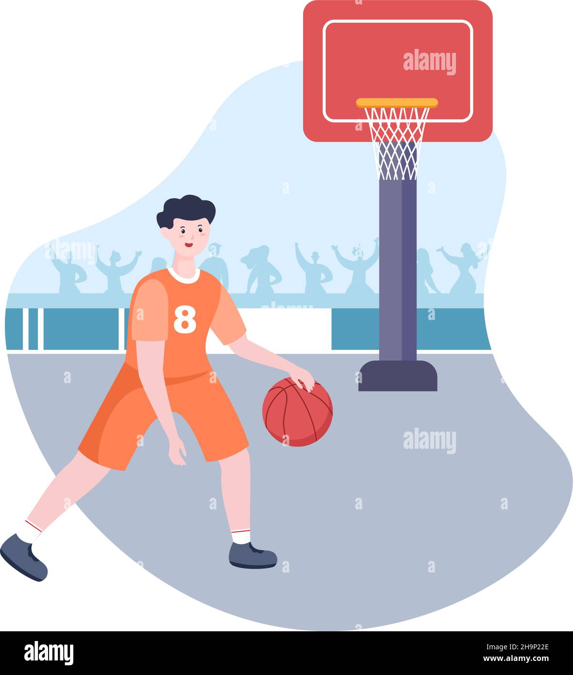 Glücklicher junger Mann spielt Basketball flache Design Illustration trägt Korb Uniform im Outdoor Court für Hintergrund, Poster oder Banner Stock Vektor