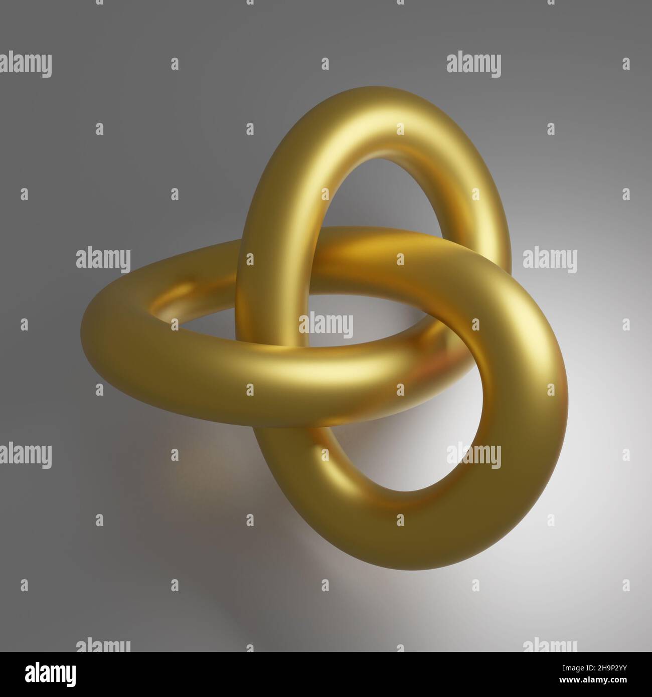 Ein goldener Draht, der in einem Knoten auf einem grauen Hintergrund gebunden ist. Ein glänzender, gelber Torus, gebunden in einem endlosen Knoten. 3D Rendern. Stockfoto