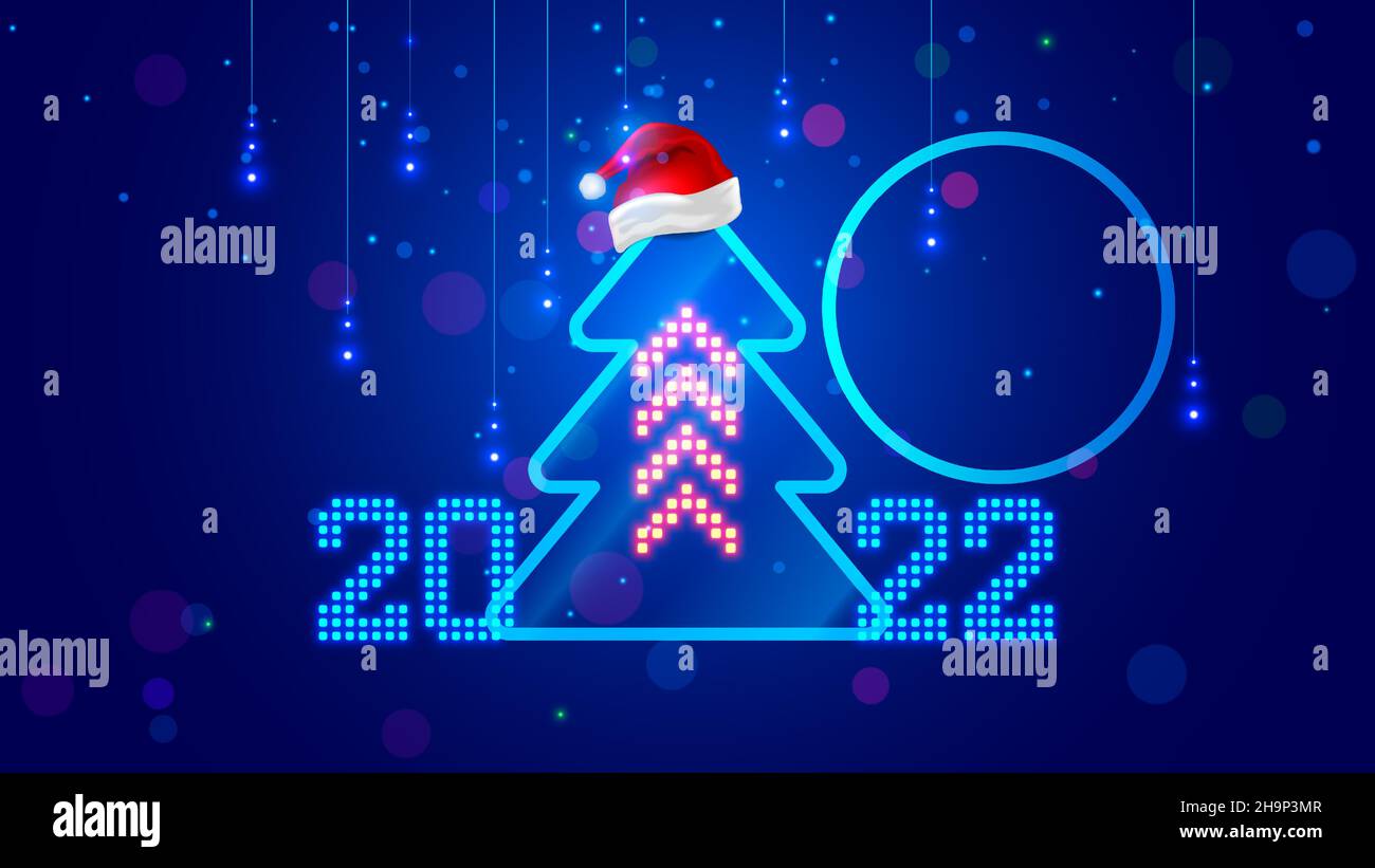 2022 Vorlage Neujahr und Weihnachtskarten in Computer-Technologien Stil . Weihnachtsbaum, Zahl Jahr 2022 in Form von Pixeln auf dem Bildschirm Computer Stock Vektor