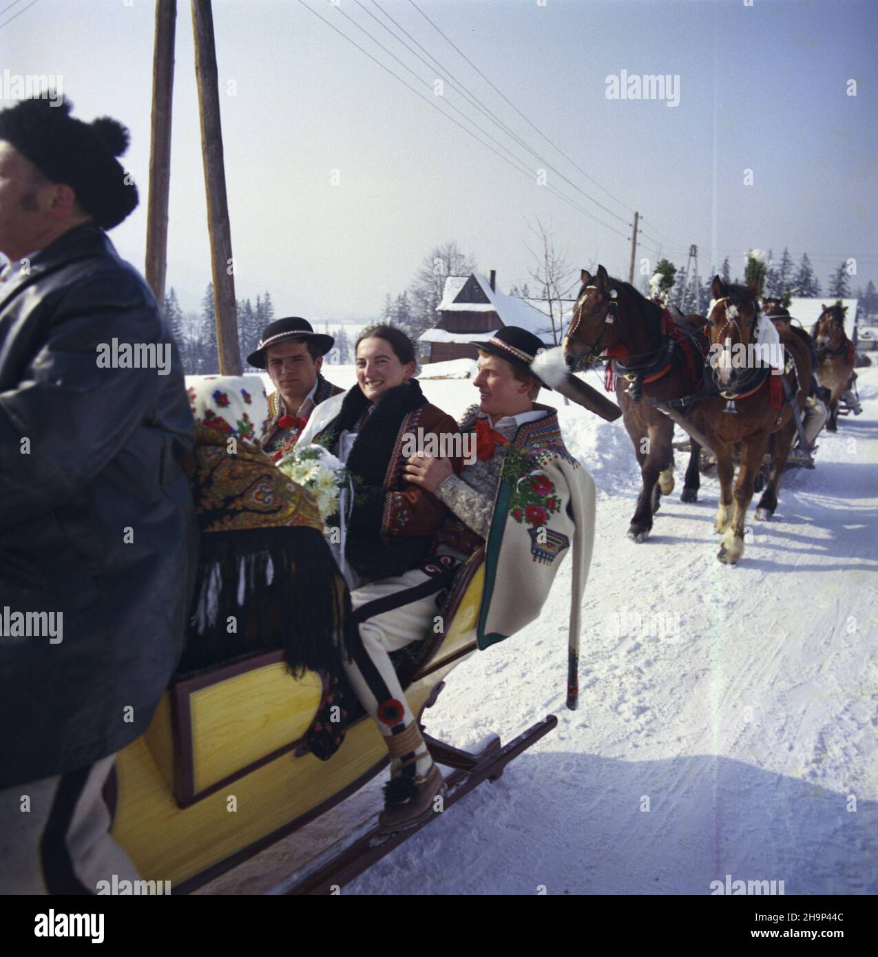 Koœcielisko 02,1981. Góralski œlub. NZ. Orszak weselny. msa PAP/Tomasz Pra¿mowski Dok³adny dzieñ wydarzenia nieustalony. Kostjelisko, Februar 1981. Eine Hochzeits-Hochzeit. Im Bild: Hochzeitszug. msa PAP/Tomasz Prazmowski Veranstaltungstag unbekannt Stockfoto