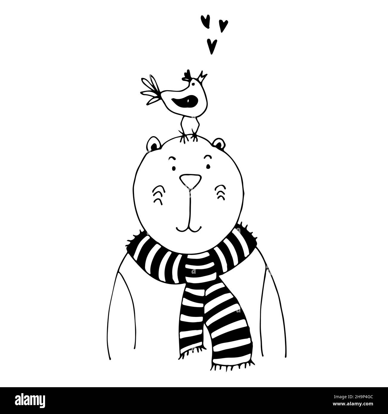 Allegorie der Freundschaft, ein Bär im Schal mit einem Vogel auf dem Kopf, beste Freunde, eine handgezeichnete Illustration Stock Vektor